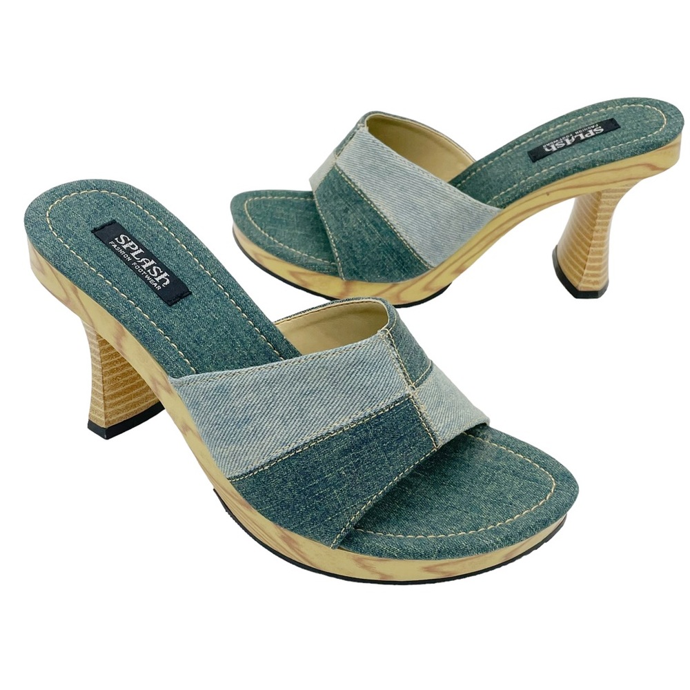 Splash Vintage Patchwork Blue Denim Heels - image 1